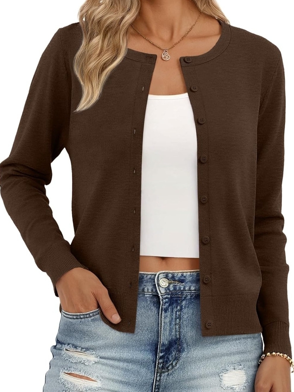 Classic Brown Button-Front Crewneck Cardigan